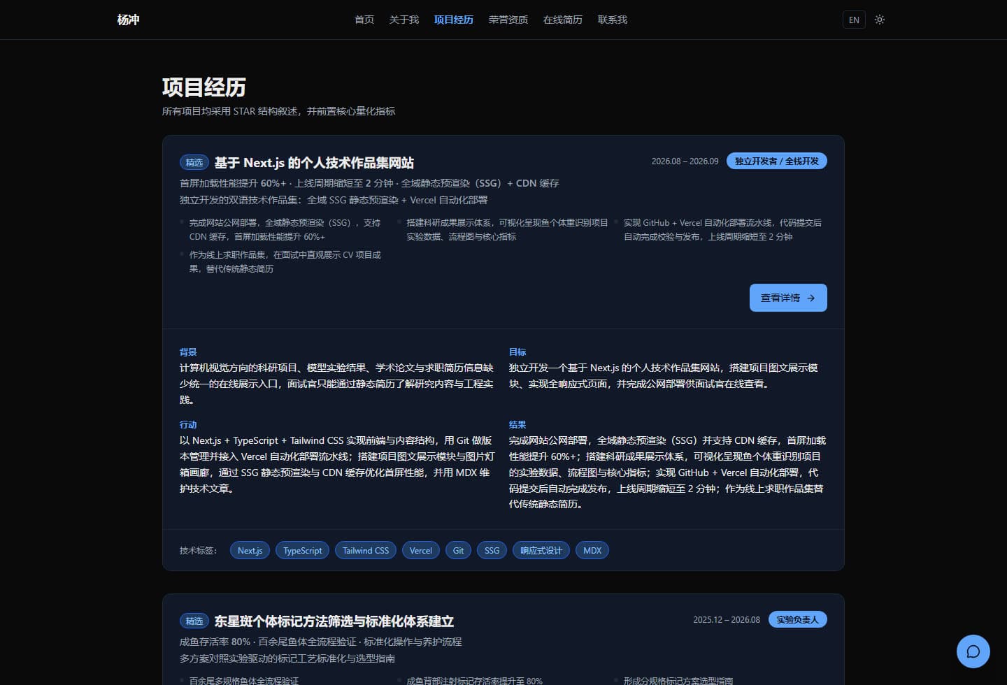 Screenshot of the projects page: project cards with STAR narratives, key quantitative metrics and technology tags
